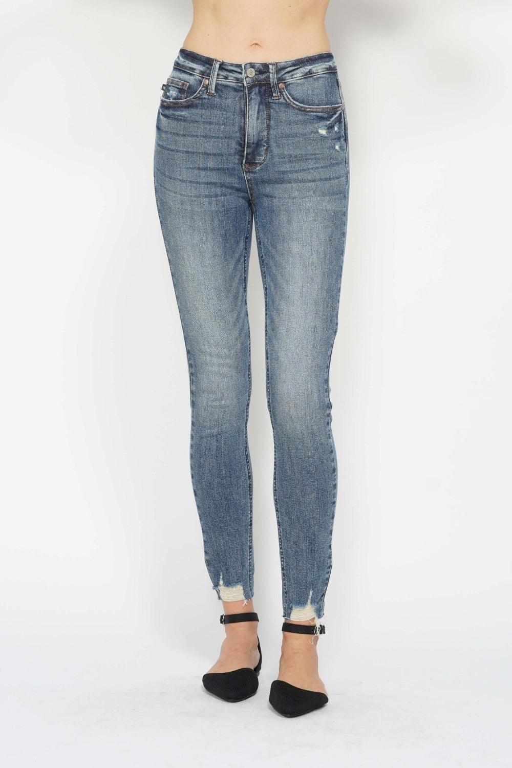 Tummy Control Vintage Wash Hem Destroy Skinny Jeans - Baxter Avenue