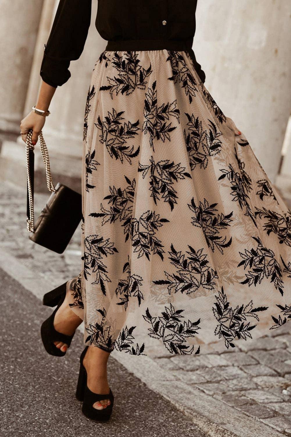 Floral Leaves Embroidered Maxi Skirt - Baxter Avenue
