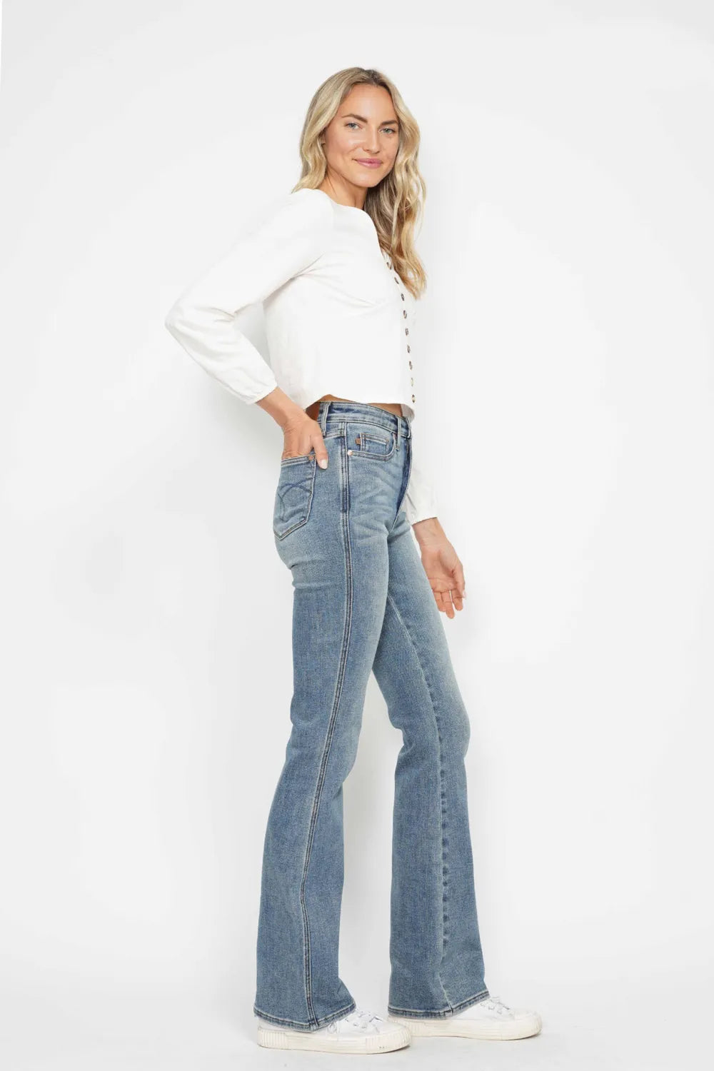 Tummy Control Back Embroidered Pocketed Bootcut Jeans - Baxter Avenue
