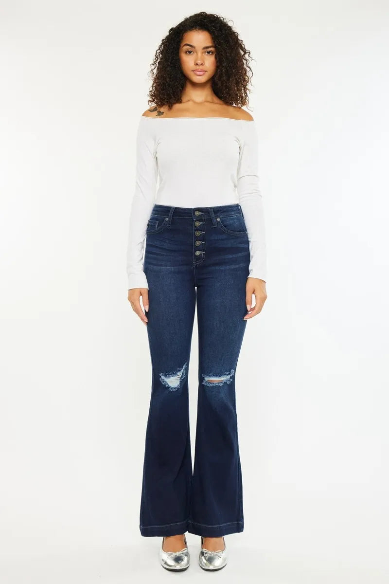 Button Fly High Rise Distressed Flare Jeans - Baxter Avenue
