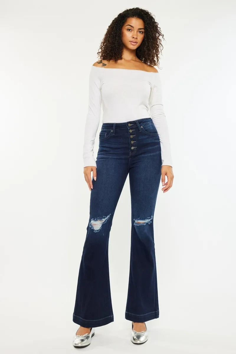 Button Fly High Rise Distressed Flare Jeans - Baxter Avenue