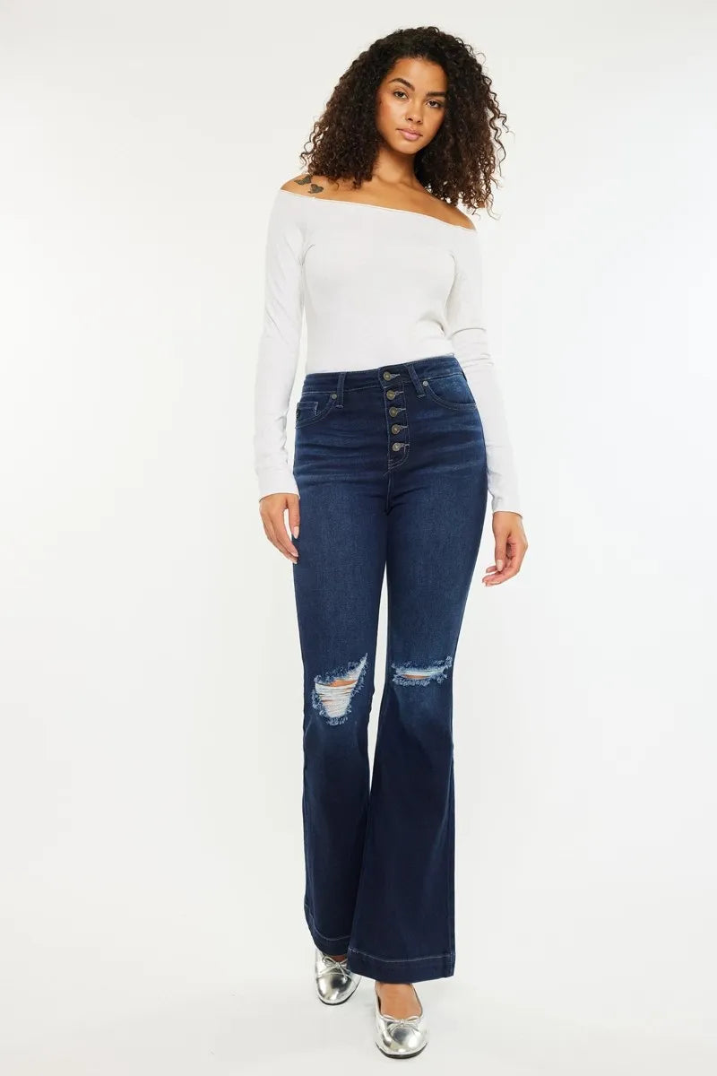 Button Fly High Rise Distressed Flare Jeans - Baxter Avenue