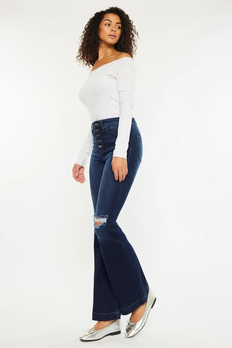 Button Fly High Rise Distressed Flare Jeans - Baxter Avenue