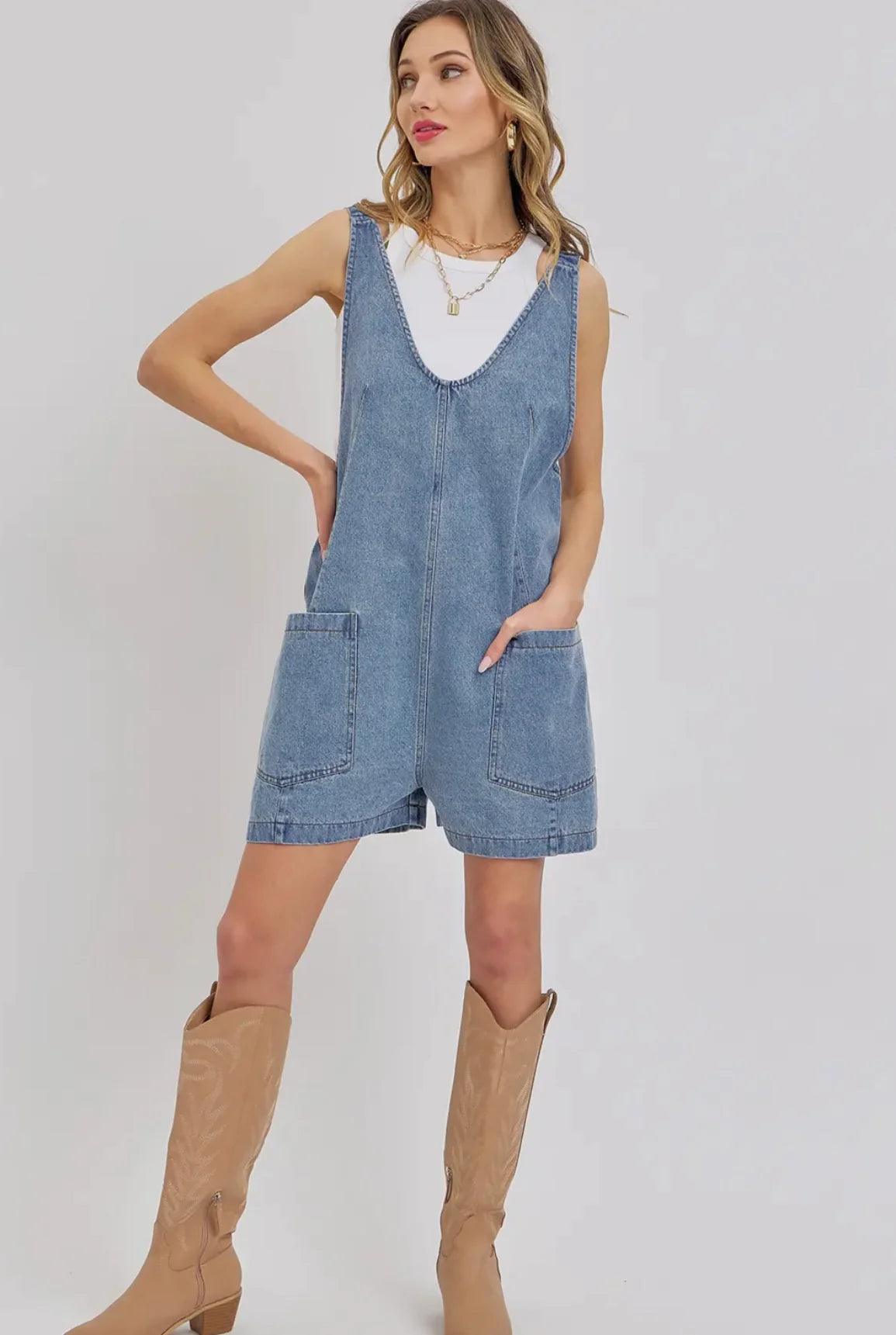 Medium Wash Denim Romper - Baxter Avenue