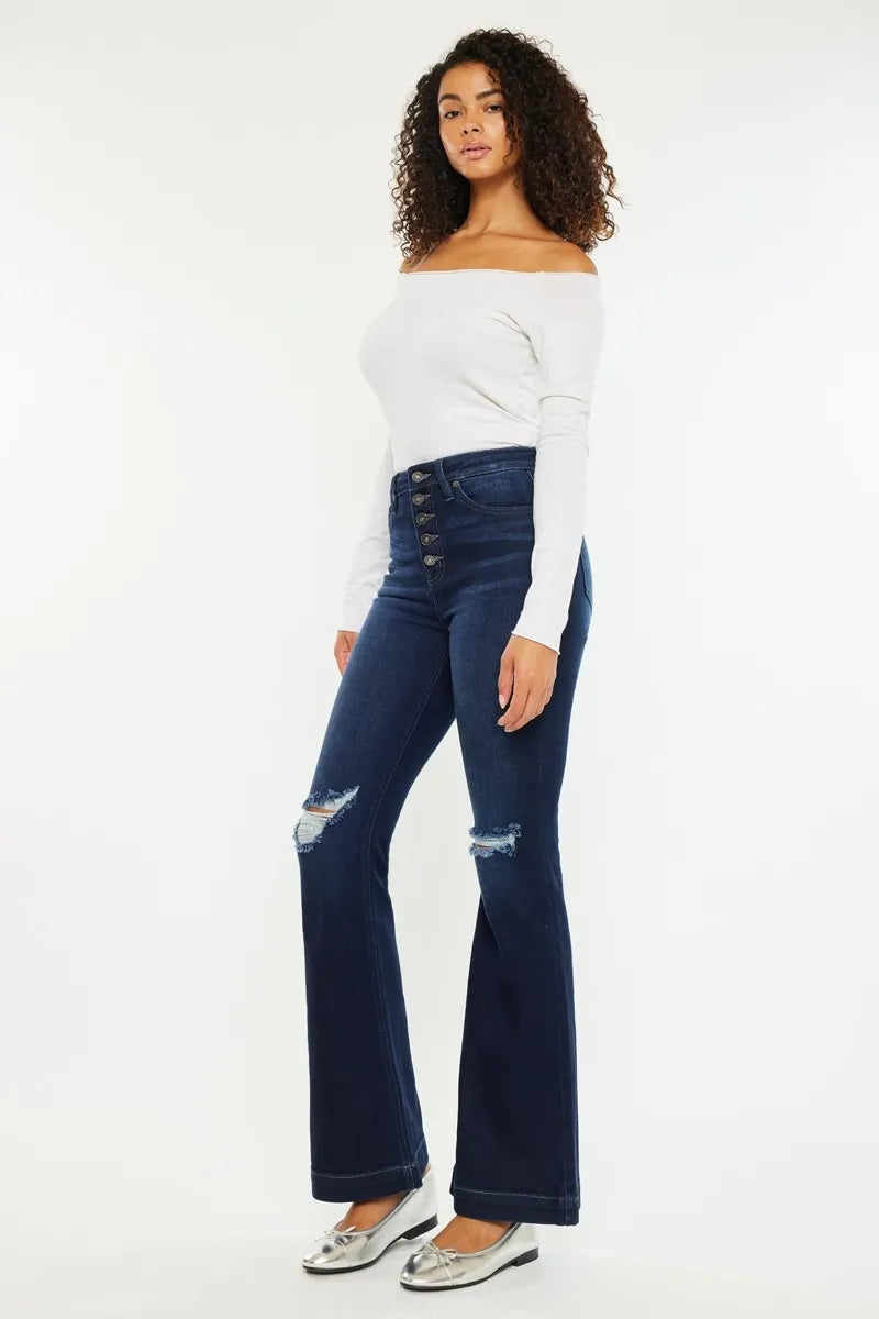 Button Fly High Rise Distressed Flare Jeans - Baxter Avenue