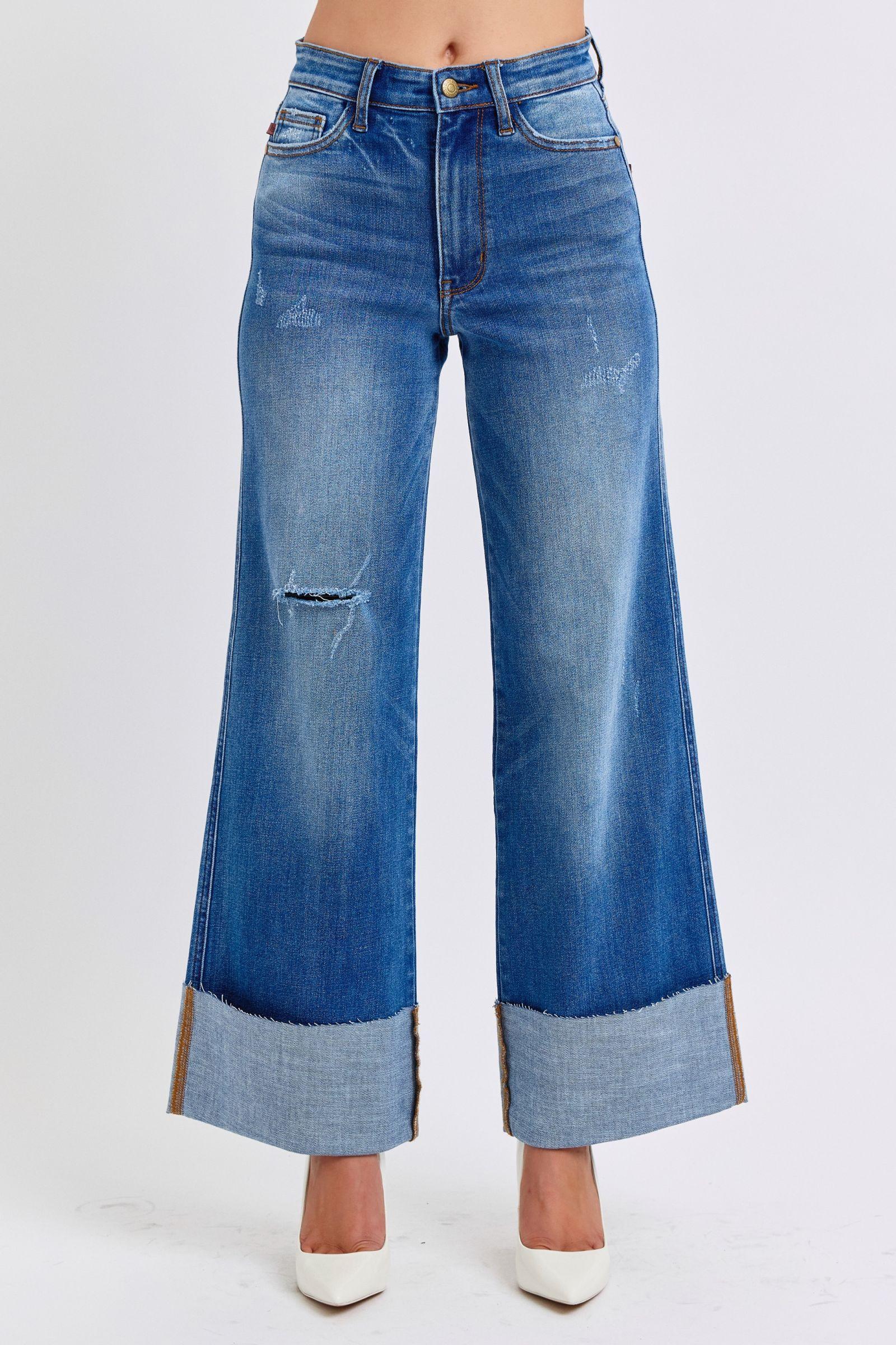 Distressed High Waist Wide Leg Jeans - Baxter Avenue