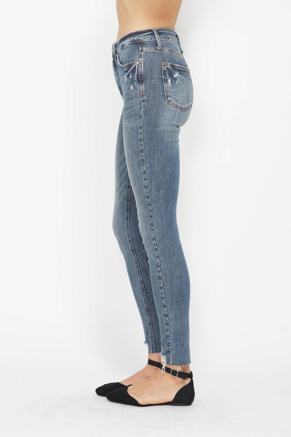 Tummy Control Vintage Wash Hem Destroy Skinny Jeans - Baxter Avenue