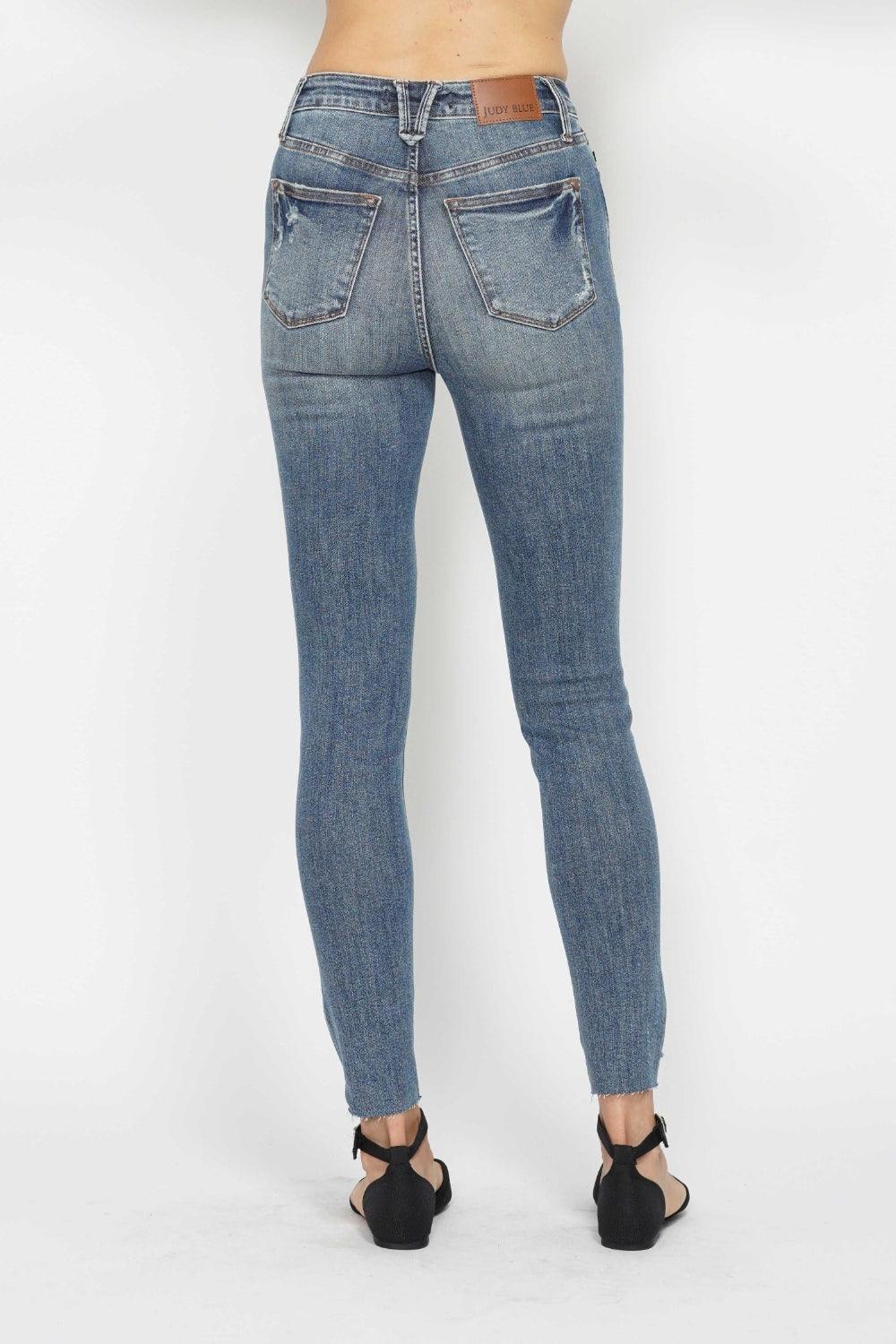 Tummy Control Vintage Wash Hem Destroy Skinny Jeans - Baxter Avenue