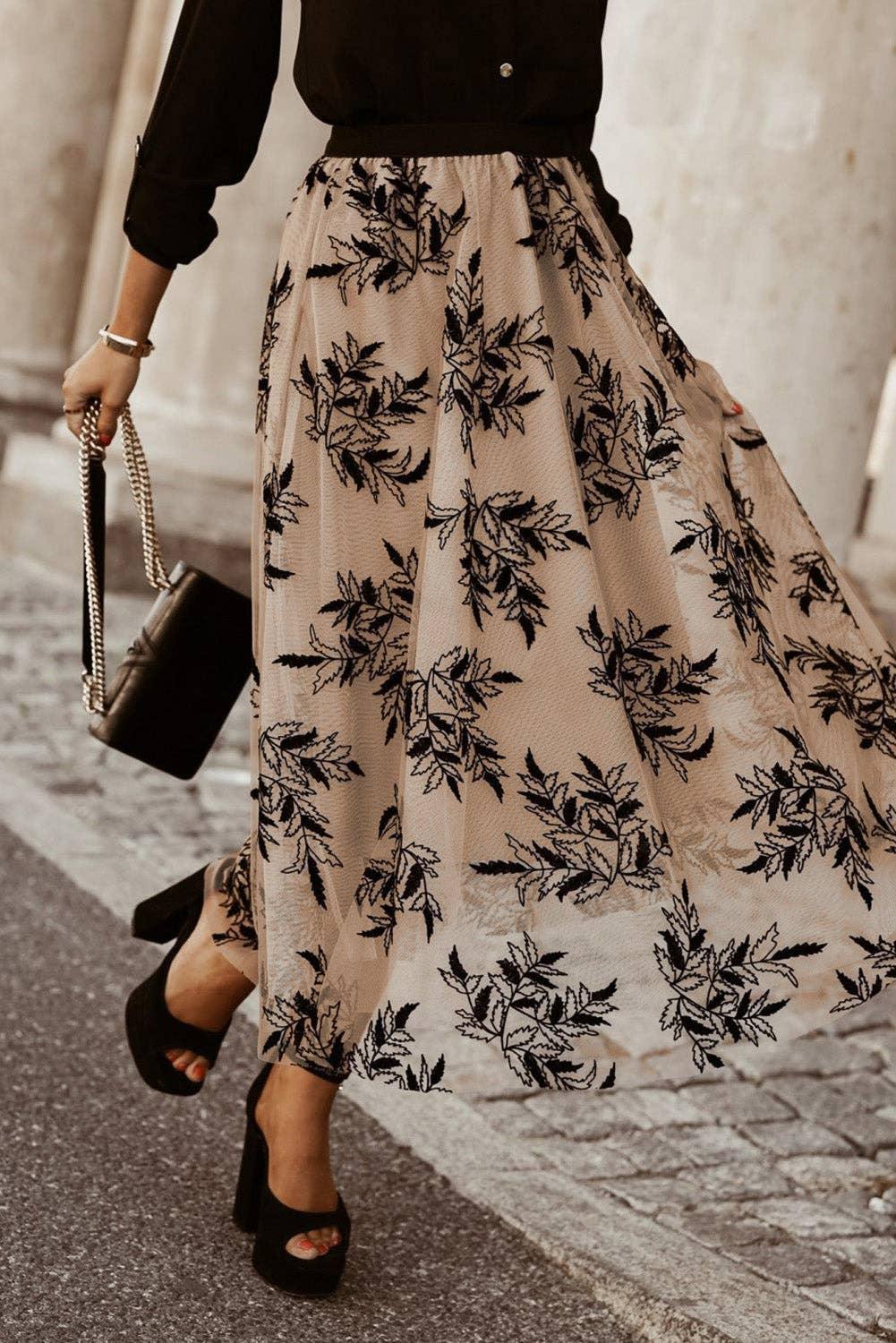 Floral Leaves Embroidered Maxi Skirt XS