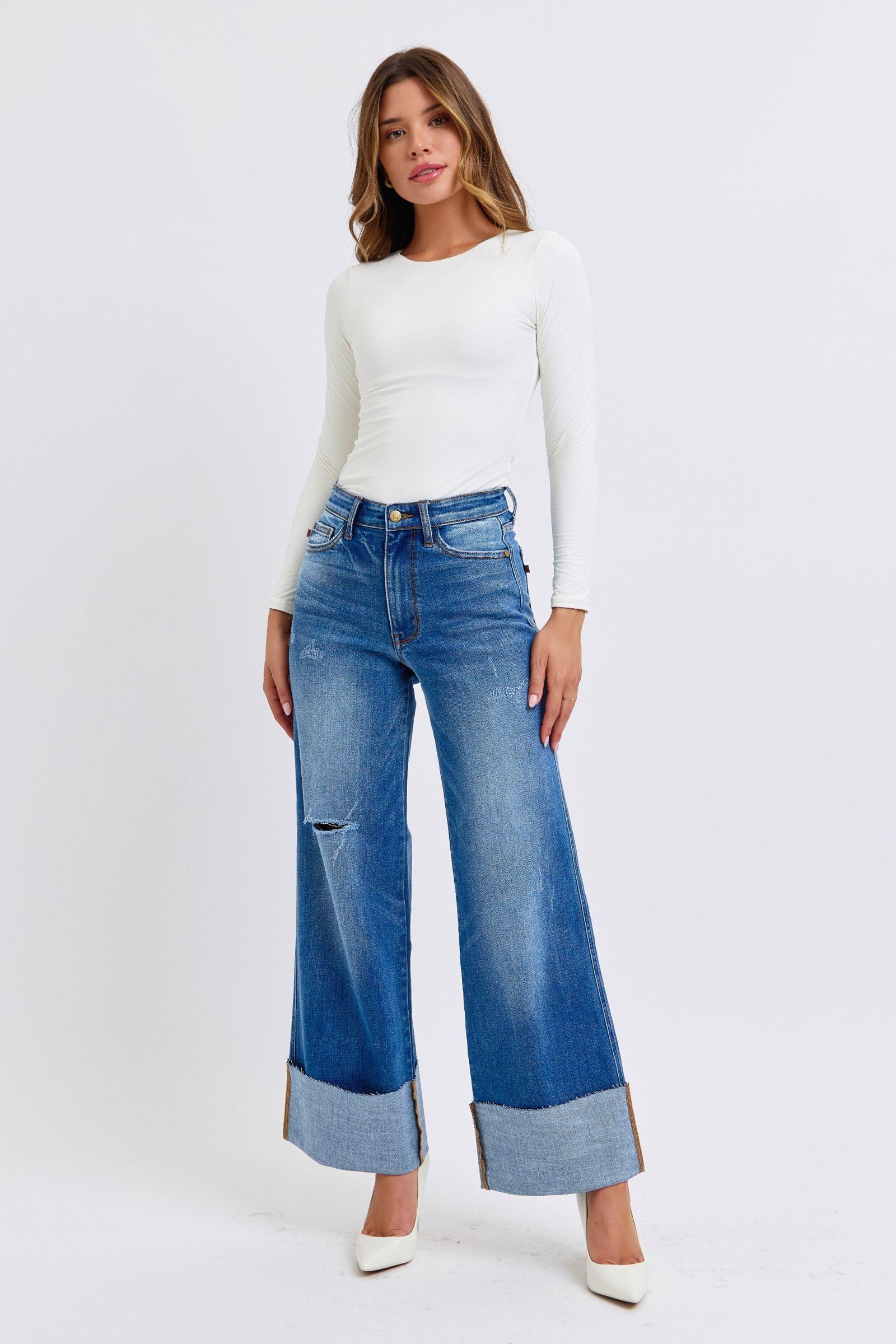 Distressed High Waist Wide Leg Jeans - Baxter Avenue
