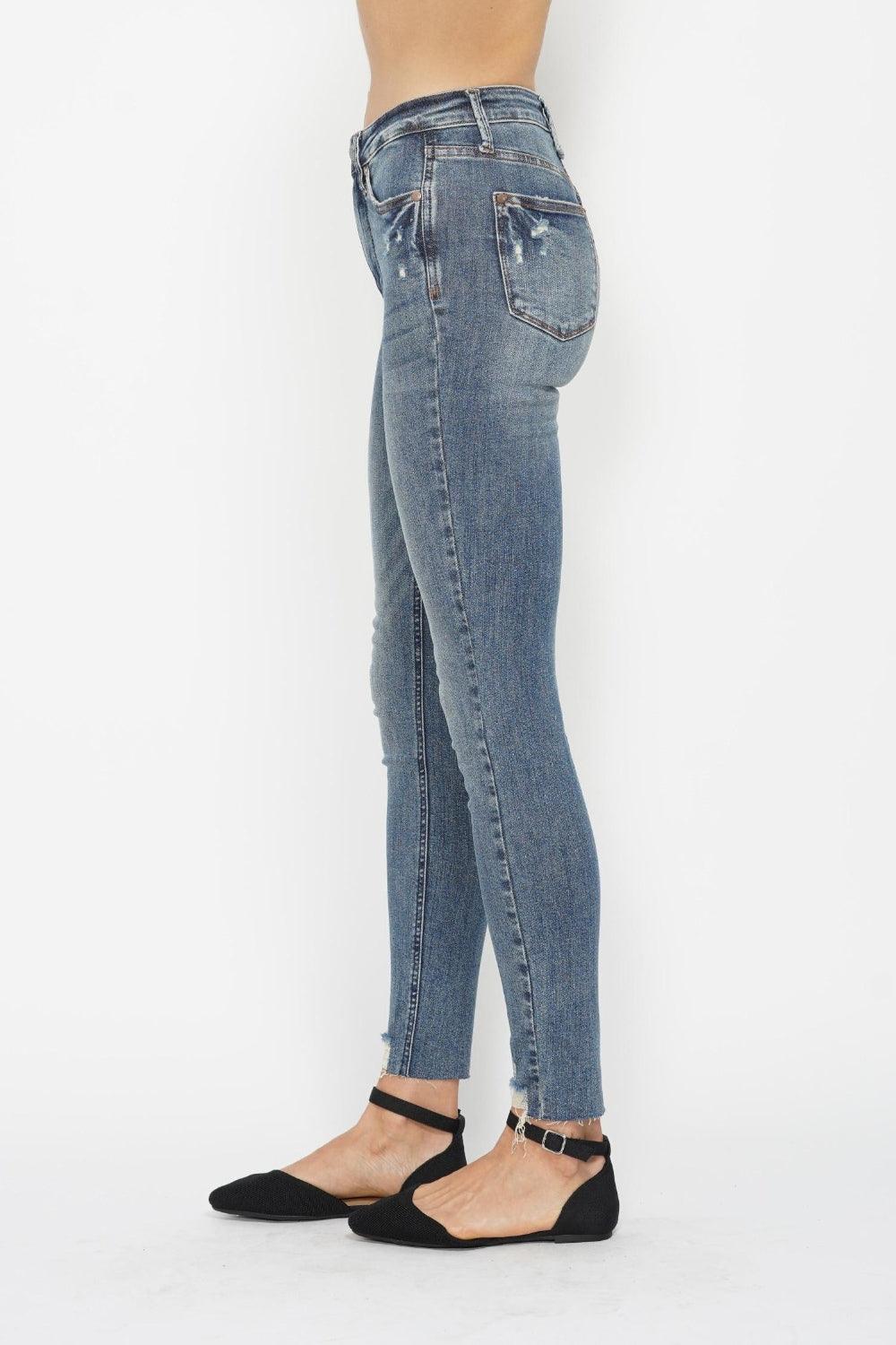 Tummy Control Vintage Wash Hem Destroy Skinny Jeans - Baxter Avenue