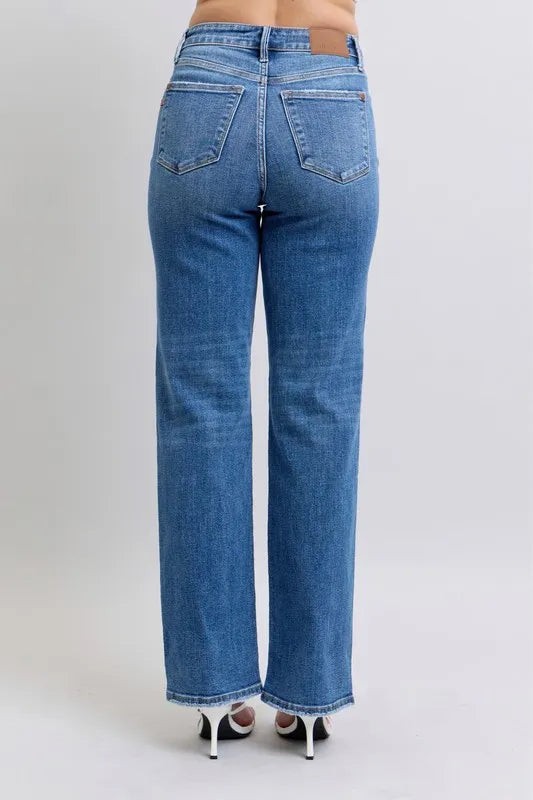 High Waist V-Front Vintage Wash Straight Jeans - Baxter Avenue