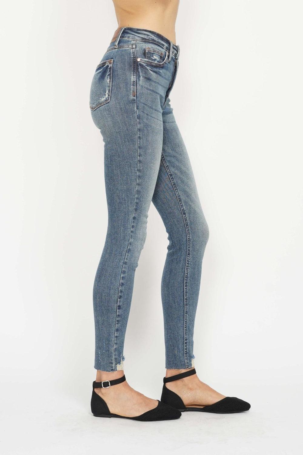 Tummy Control Vintage Wash Hem Destroy Skinny Jeans - Baxter Avenue