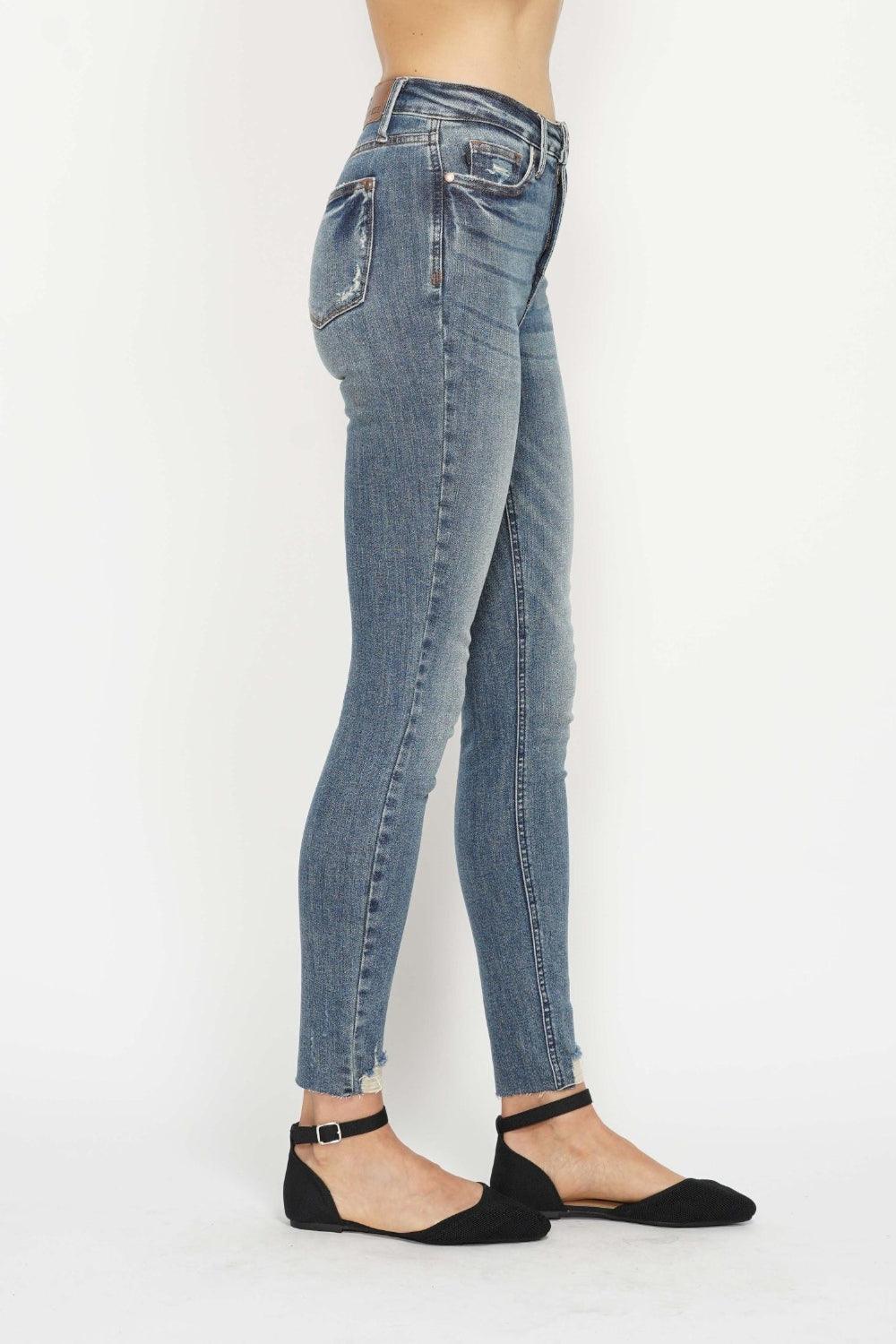 Tummy Control Vintage Wash Hem Destroy Skinny Jeans - Baxter Avenue