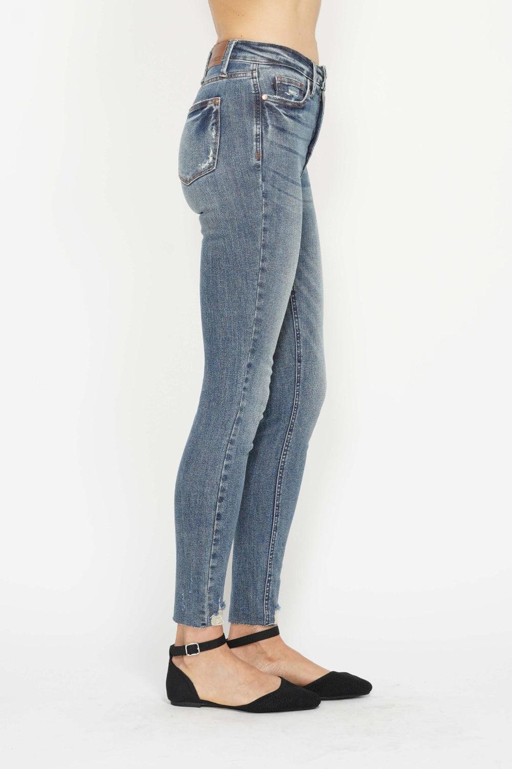 Tummy Control Vintage Wash Hem Destroy Skinny Jeans - Baxter Avenue