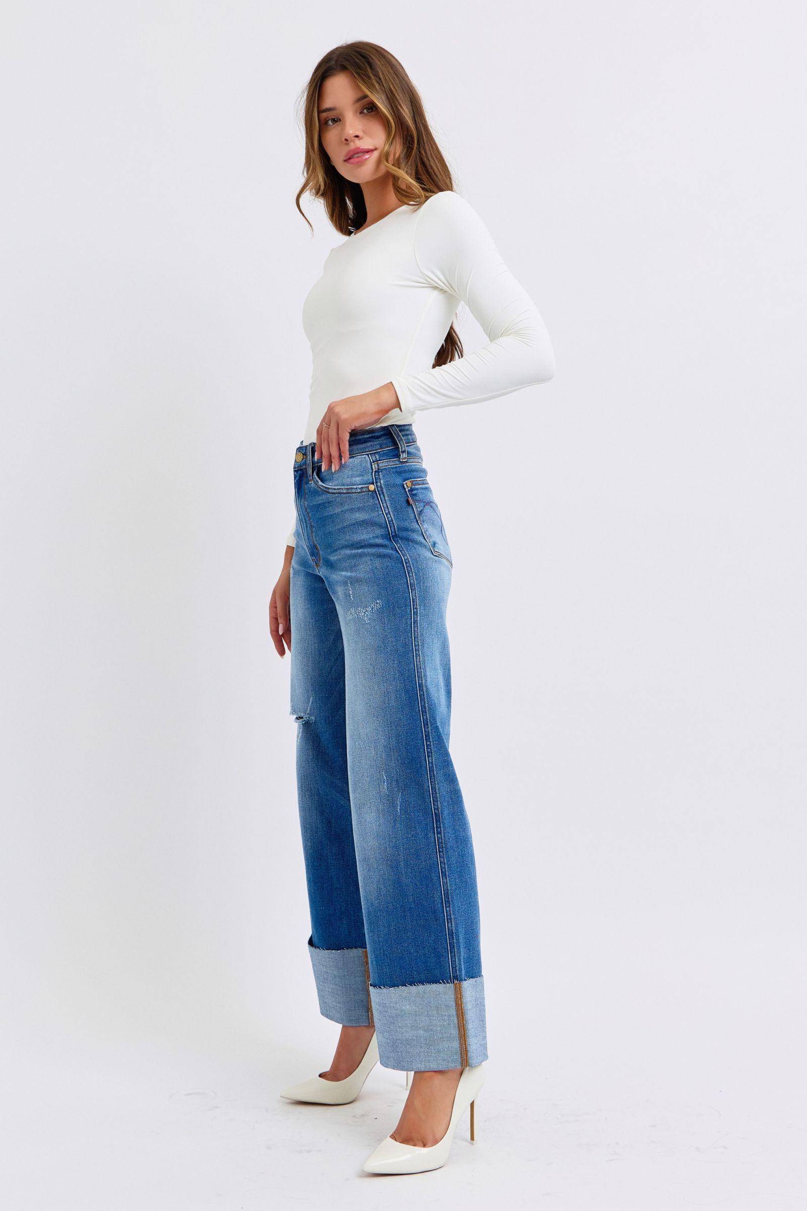 Distressed High Waist Wide Leg Jeans - Baxter Avenue