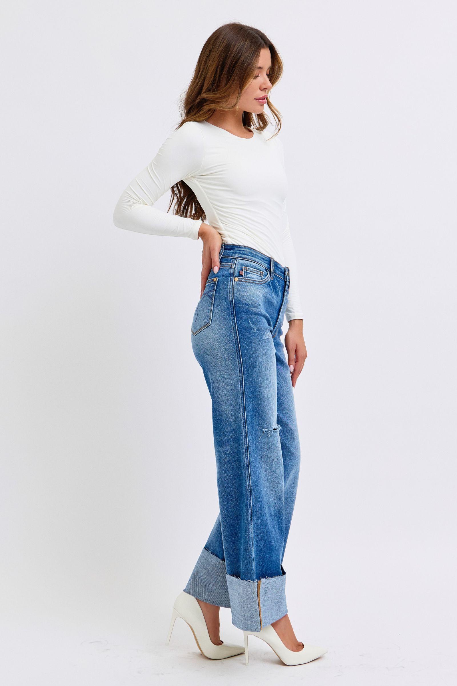 Distressed High Waist Wide Leg Jeans - Baxter Avenue