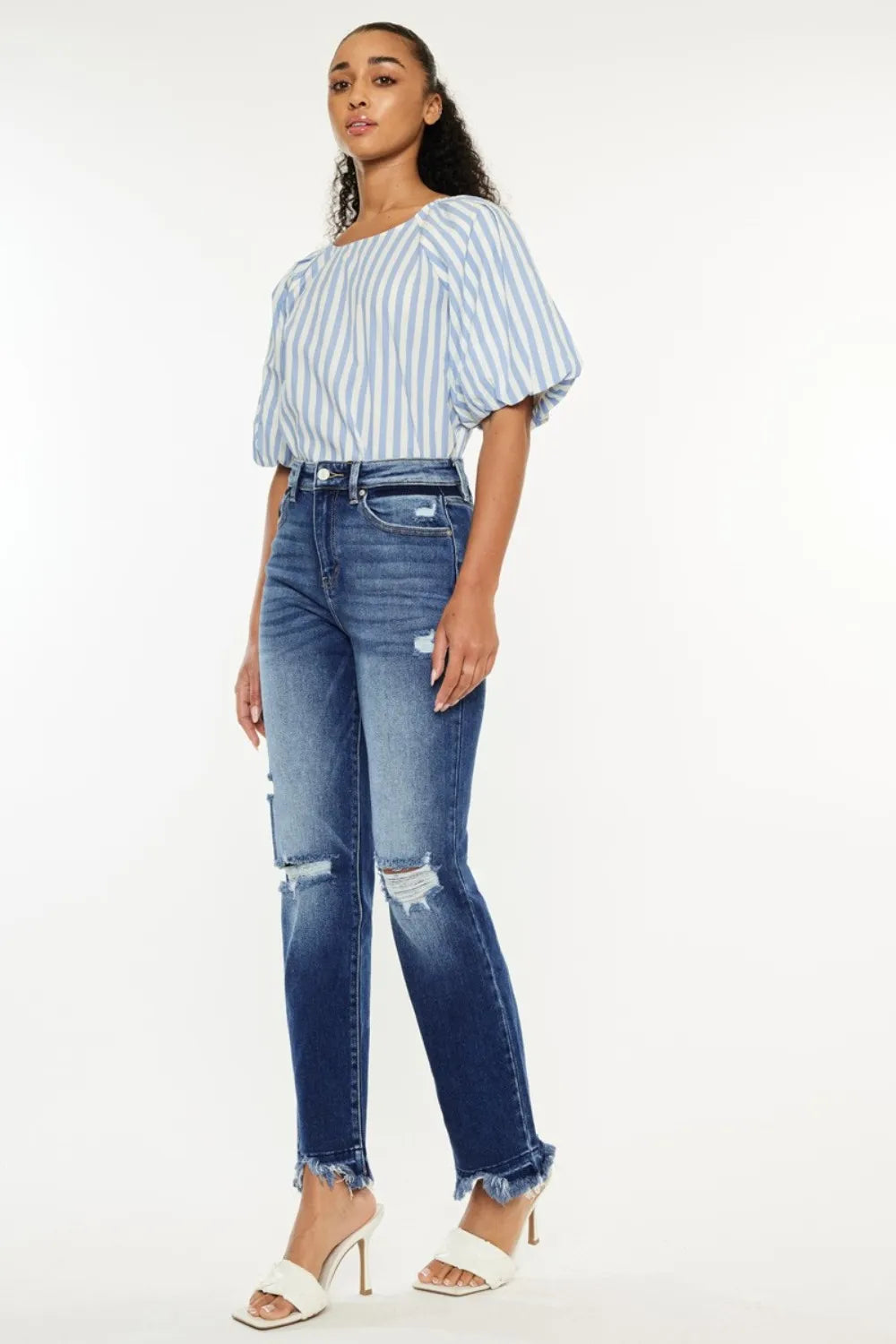 High Rise Distressed Slim Straight Jeans - Baxter Avenue