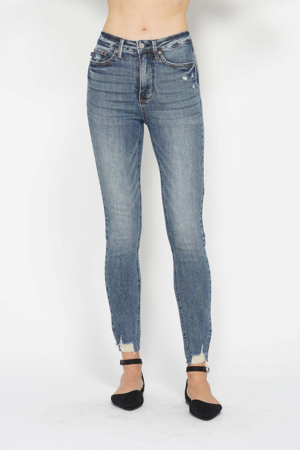 Tummy Control Vintage Wash Hem Destroy Skinny Jeans - Baxter Avenue