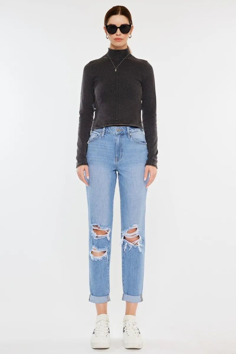 High Rise Distressed Mom Jeans - Baxter Avenue