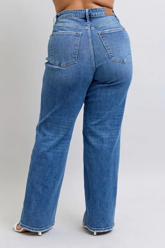 High Waist V-Front Vintage Wash Straight Jeans - Baxter Avenue