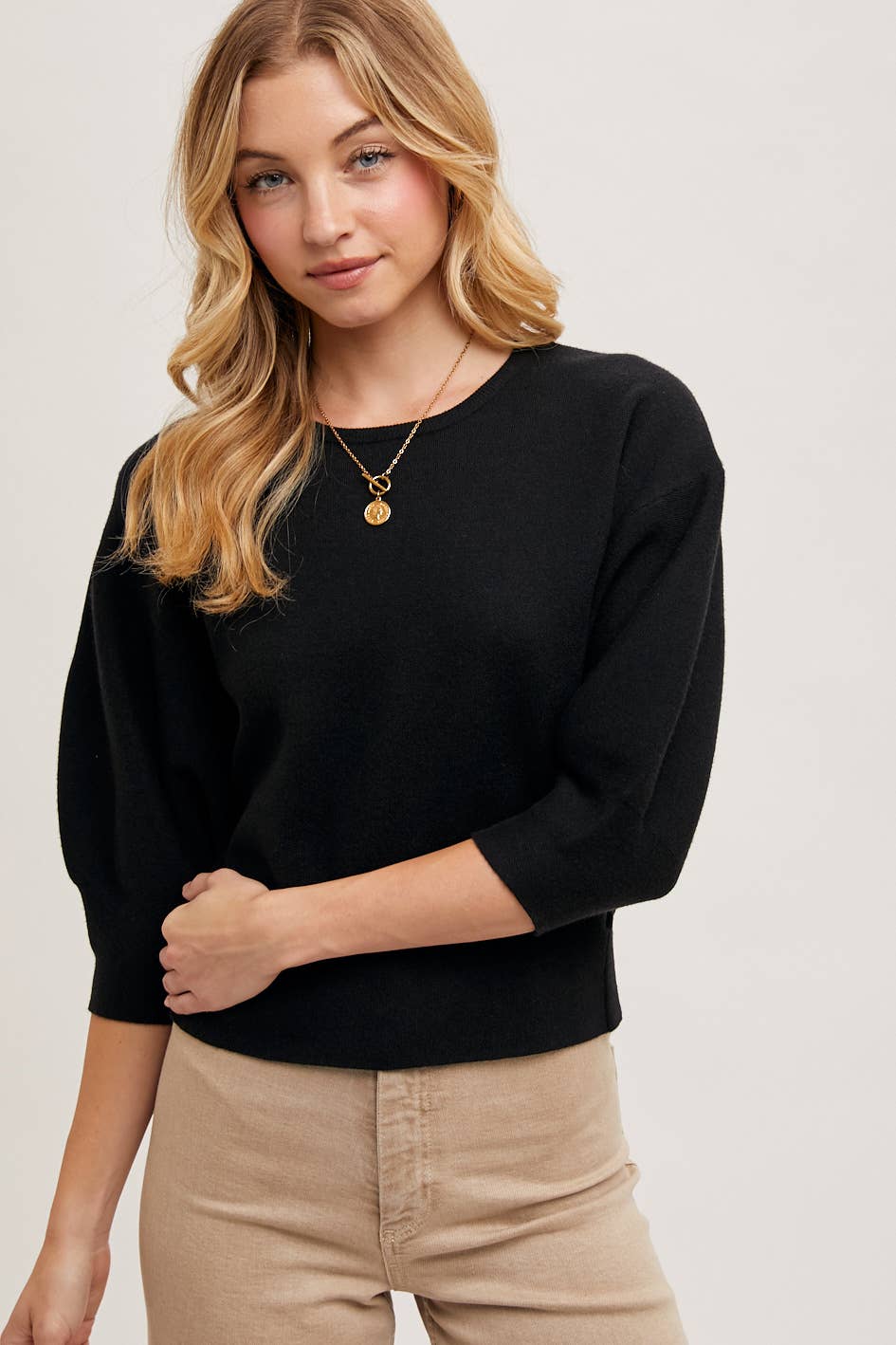 Black Puff 3/4 Sleeve Knit Sweater | Baxter Avenue