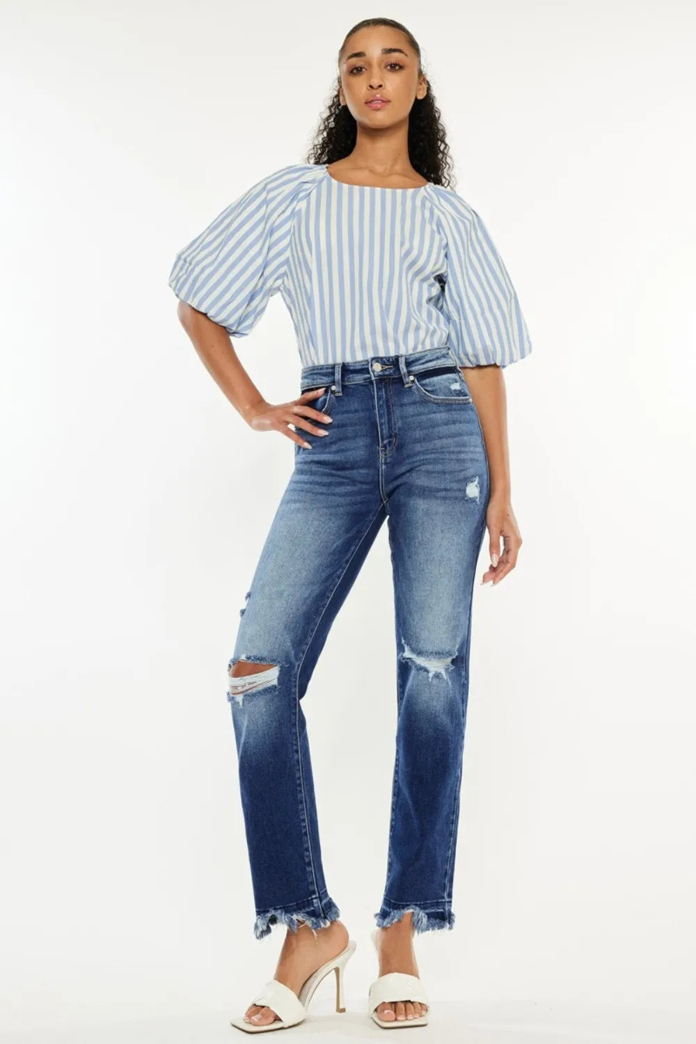 High Rise Distressed Slim Straight Jeans - Baxter Avenue